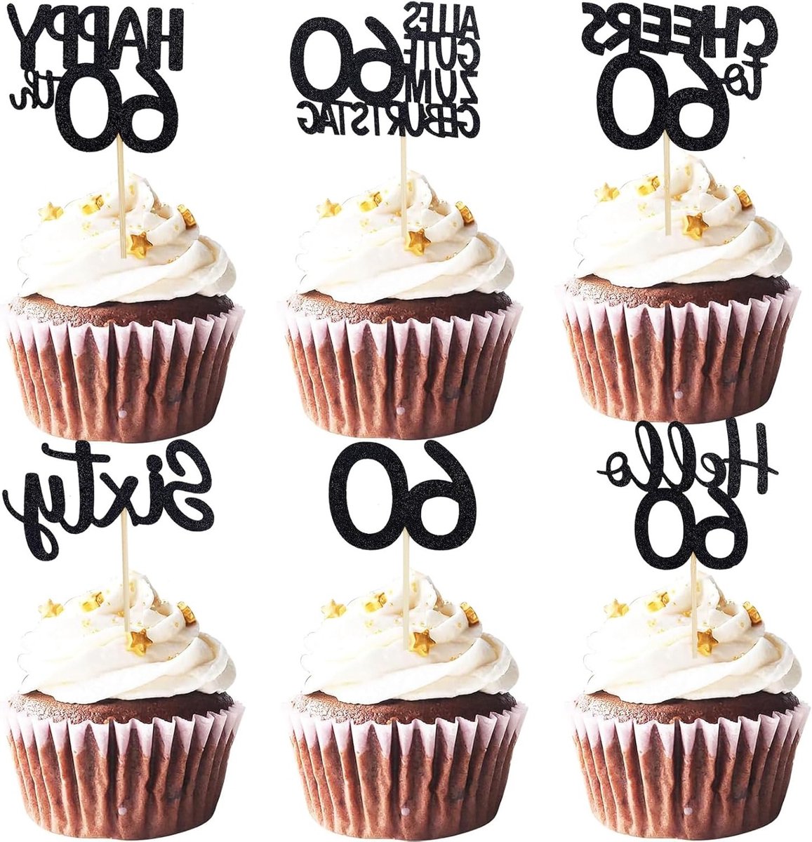 Cupcake Topper voor Verjaardag (60 jaar) - Zwart Feestdecoratie, Taartversiering en Cadeauaccessoire
