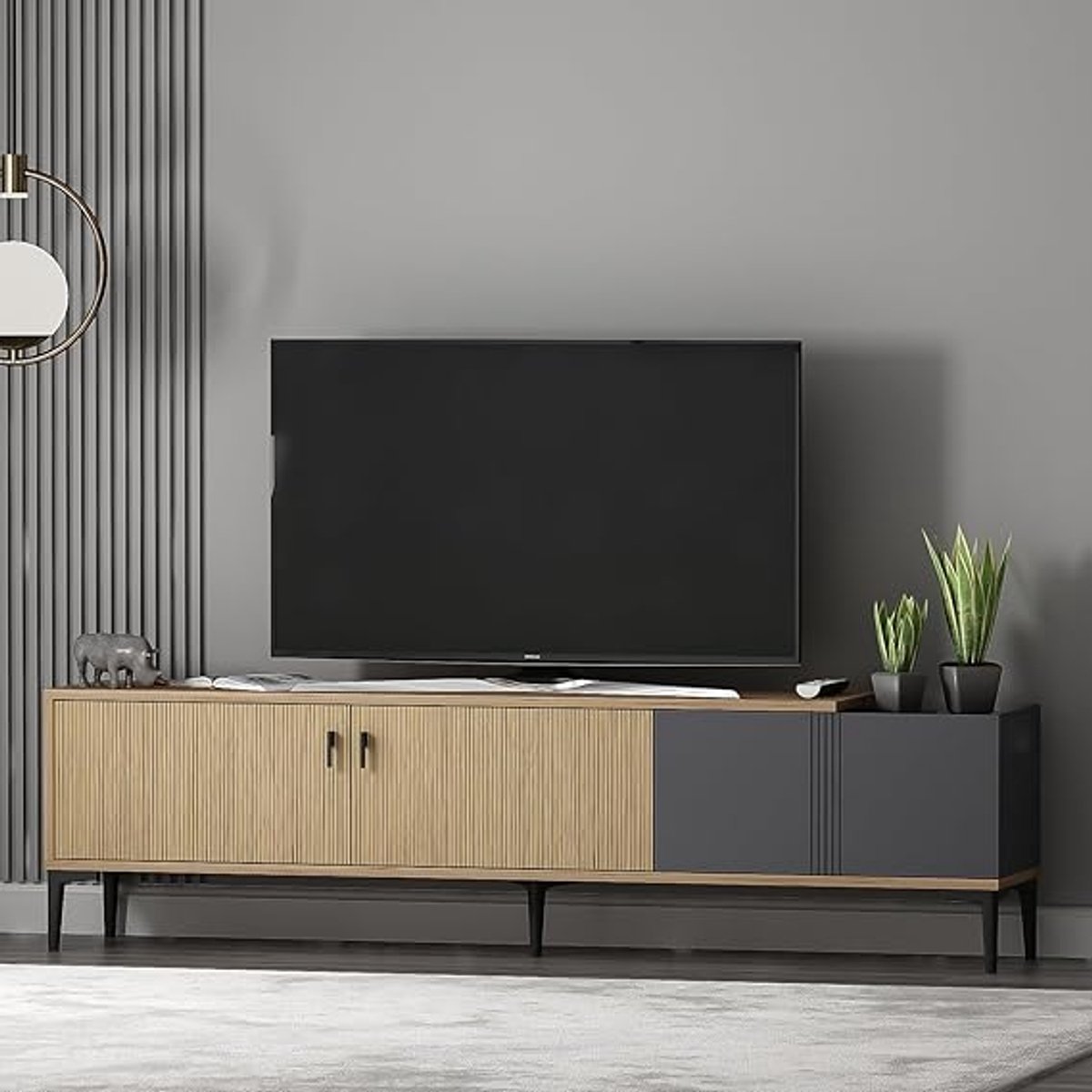 Modena Scandinavisch TV-Meubel 180 cm met Deuren, Opbergruimte en Licht Eiken/Antraciet Design – TV Kast voor Woonkamer en TV’s tot 65 inch – 180 cm – Casa Dorada