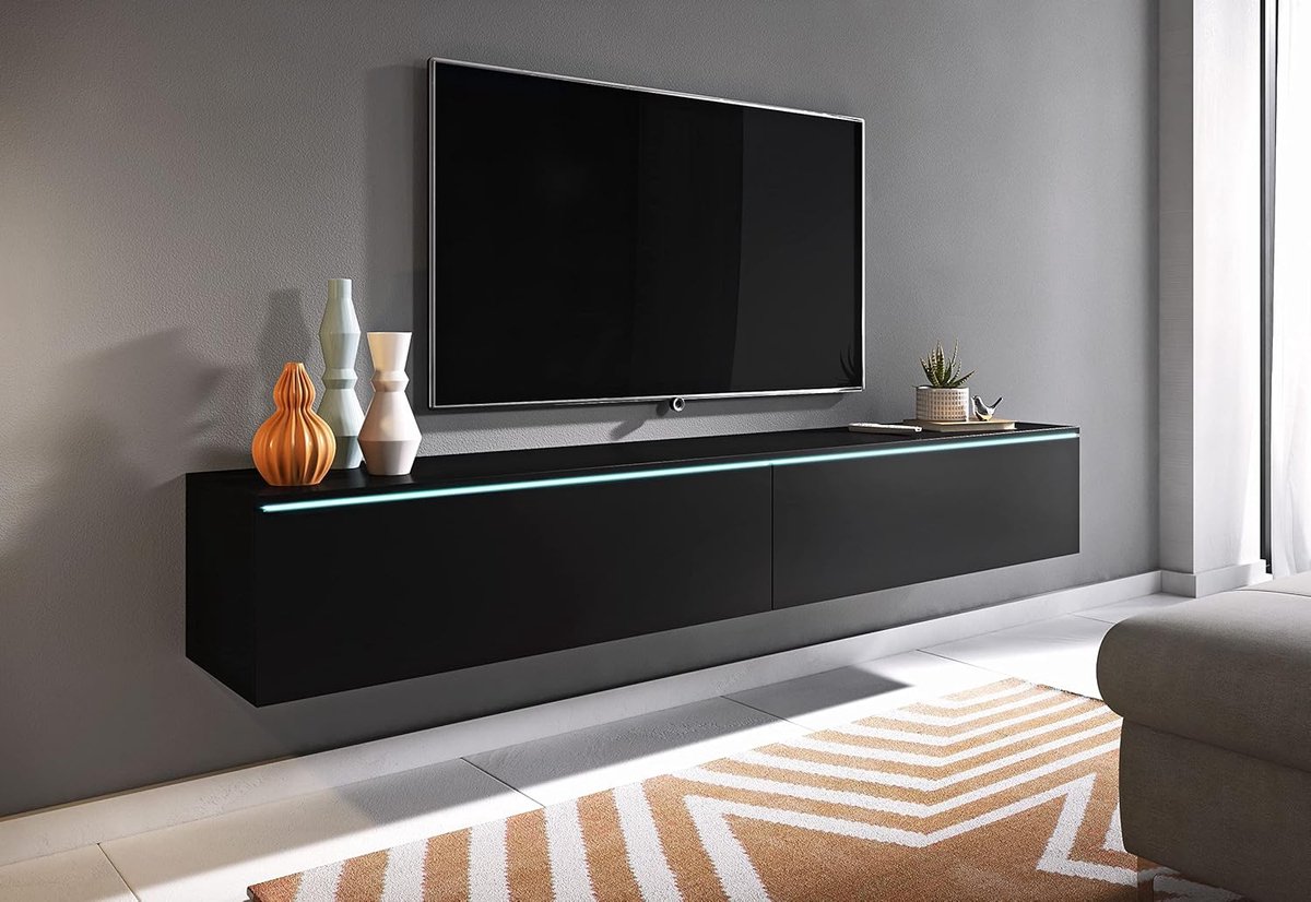 Zwevend TV-Meubel Lowboard 180 cm Mat Zwart 180x33x30 cm LED Optioneel – Modern Wand TV Kast – Casa Dorada