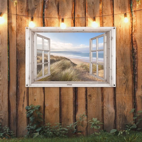 Tuinposter doorkijk raam - Tuindecoratie strand en zee - 120x80 cm - Tuinschilderij voor buiten natuur - Tuindoek duinen - Wanddecoratie tuin - Schuttingdoek - Balkon decoratie - Muurdecoratie - Buitenposter