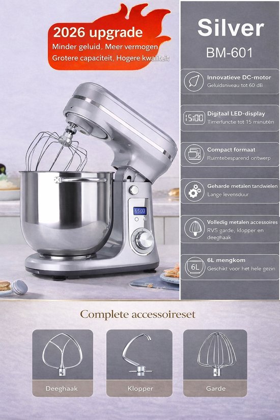 Sello! keukenmachine - krachtige stille motor - deeg kneden - mixer - kloppen - 6 snelheden - 1200w - 6l - grijs van Merkloos — afbeelding 5