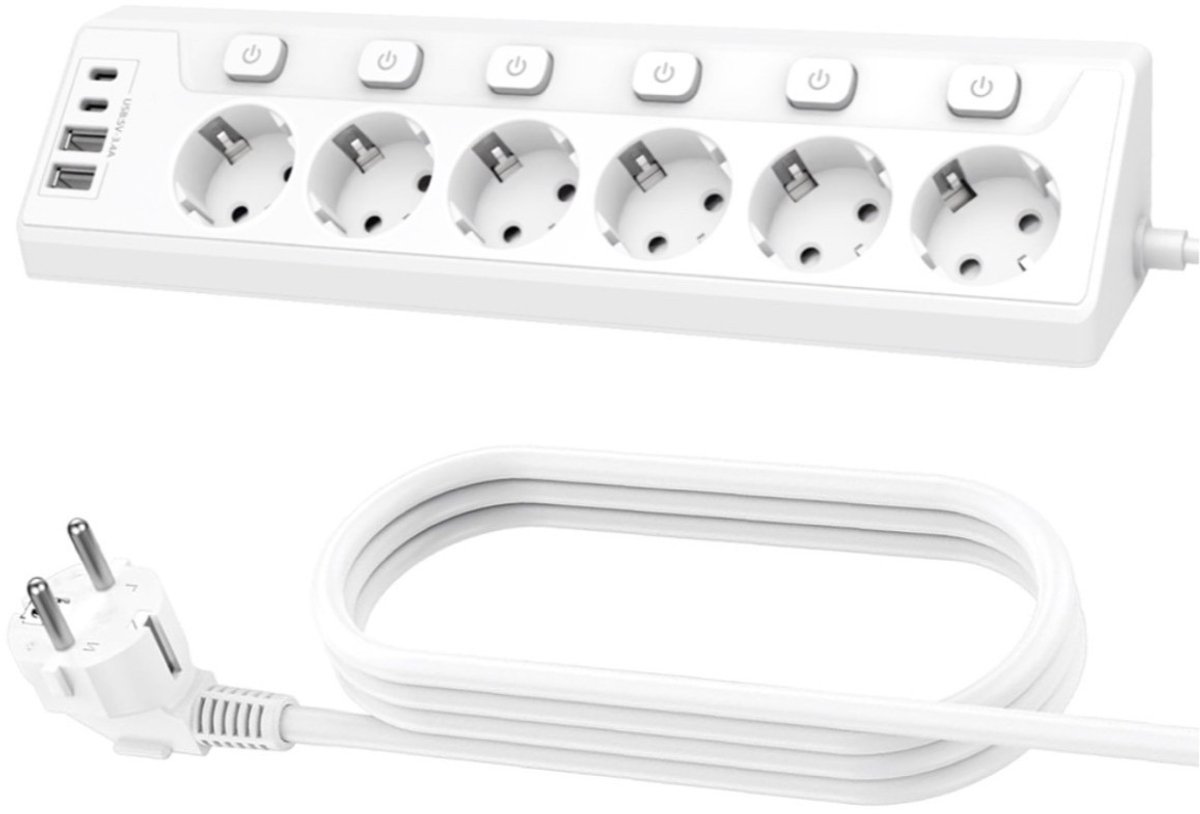 Hoekstopcontact met USB, 6 stopcontacten, bureau stopcontact met schakelaar, multifunctionele stekkerdoos, met 2 USB en 2 Type-C, 10-in-1, wit