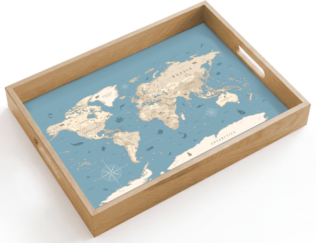 Dienblad hout 40x30 cm - Schootdienblad - Wereldkaart - Oceaan - Realistisch - Blauw - Borrelplank rechthoek - Plateau dienbladen