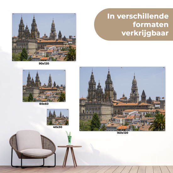 Tuinposter 40x30 cm - Tuindecoratie Cityscape van Santiago de Compostella - Poster voor in de tuin - Buiten decoratie - Schutting tuinschilderij - Tuindoek muurdecoratie - Wanddecoratie balkondoek