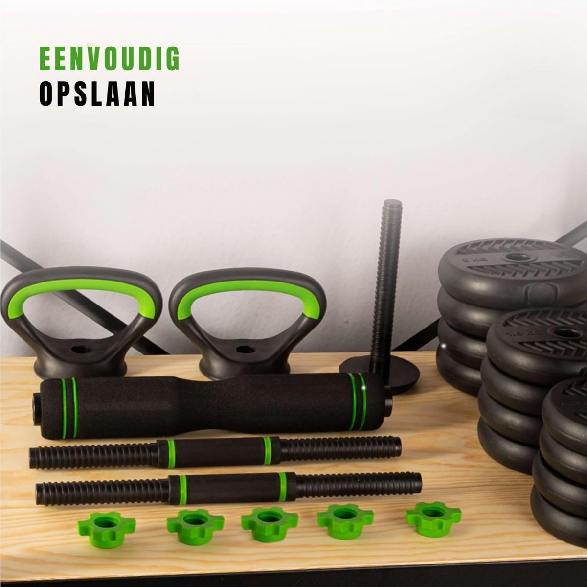 DYNA® Verstelbare Dumbells - Verstelbare Dumbbells - Dumbell Set - Verstelbare Dumbell - Zwart/Groen - 114cm x 19cm x 19cm thumbnail 2