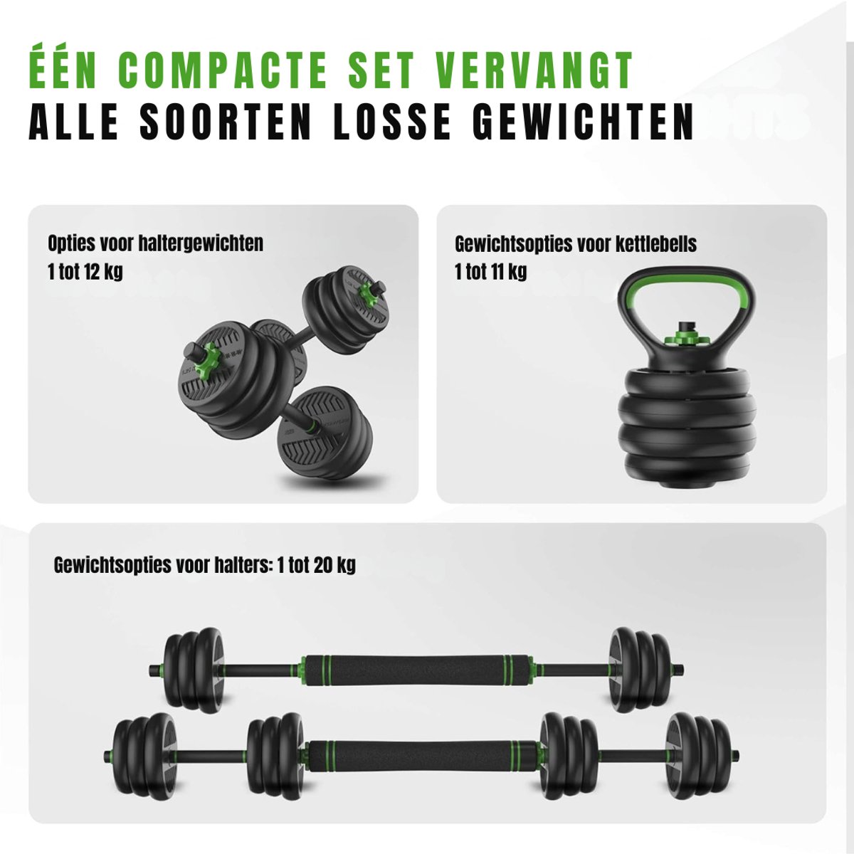 DYNA® Verstelbare Dumbells - Verstelbare Dumbbells - Dumbell Set - Verstelbare Dumbell - Zwart/Groen - 114cm x 19cm x 19cm thumbnail 7