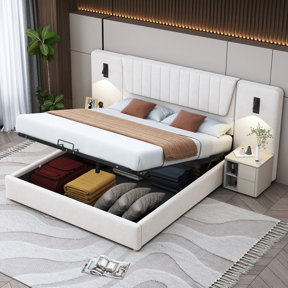 Tweepersoonsbed - 180x200 cm - Polsterbed met leeslamp - USB-poort & hydraulische opbergru