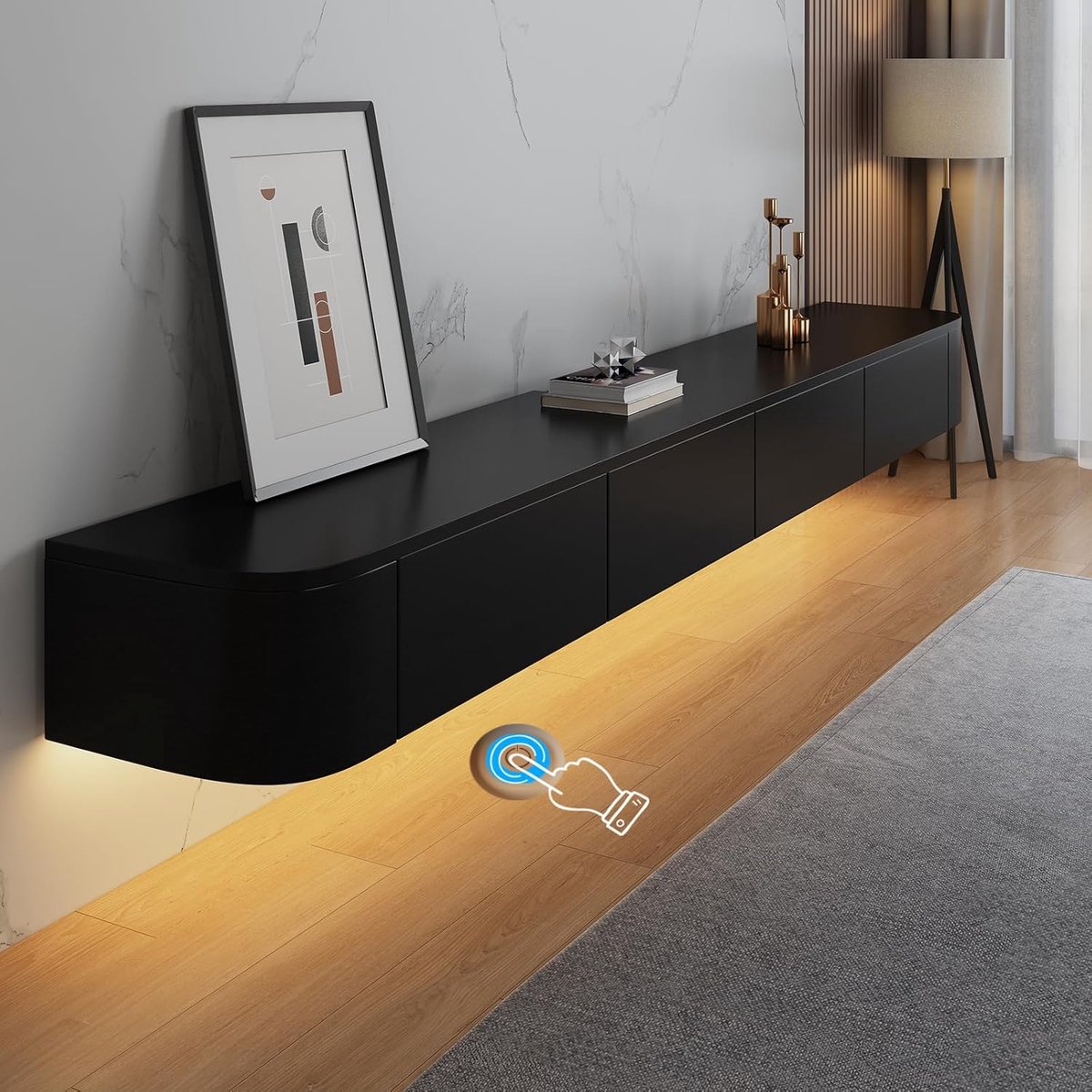 Luxe Zwevend TV Meubel met LED Verlichting en Deuren 300 cm – Moderne Wand TV Kast met Opbergruimte, Kabelmanagement en Strak Design (Zwart, 200x24x20 cm)