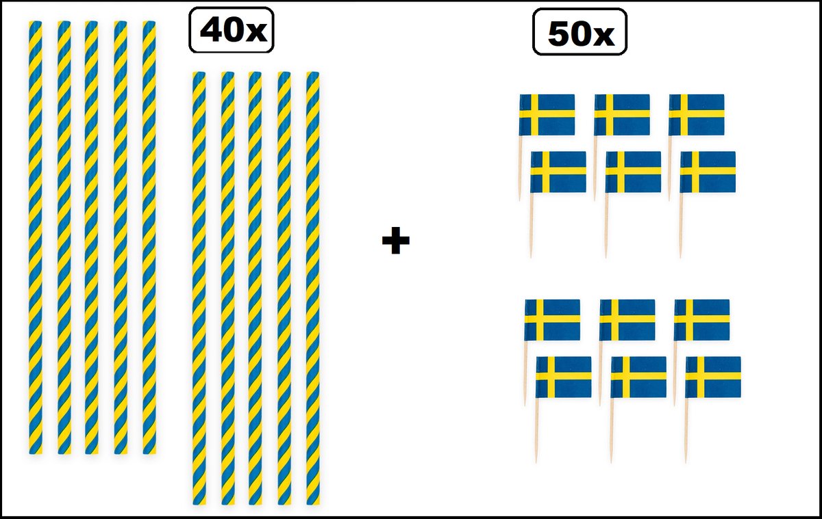 40x Papieren rietjes landen Zweden 20cm + 50x Cocktail vlag prikkers Zweden - Sweden WK sport festival themafeest party