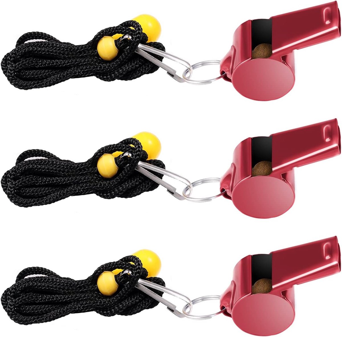 Drie Stuks RVS Fluitjes met Koord, Super Luide Sportfluitjes voor Buitenactiviteiten, Gymlessen en Noodgevallen