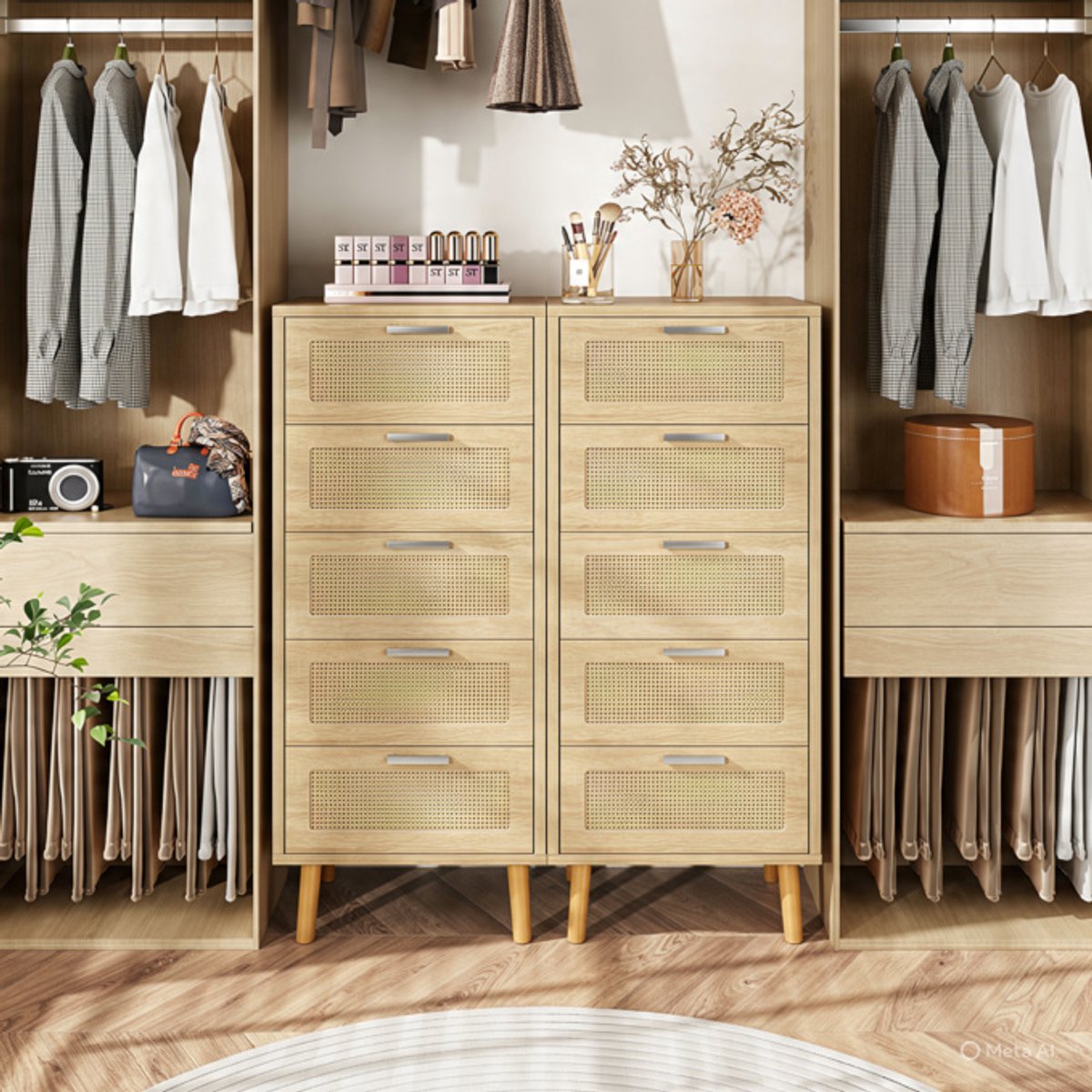 Rotan Dressoir met 5 Laden – Bohemian Opbergkast voor Slaapkamer & Woonkamer – Houten Commode met Lades en Metalen Handgrepen – Naturel – Mobili Bella