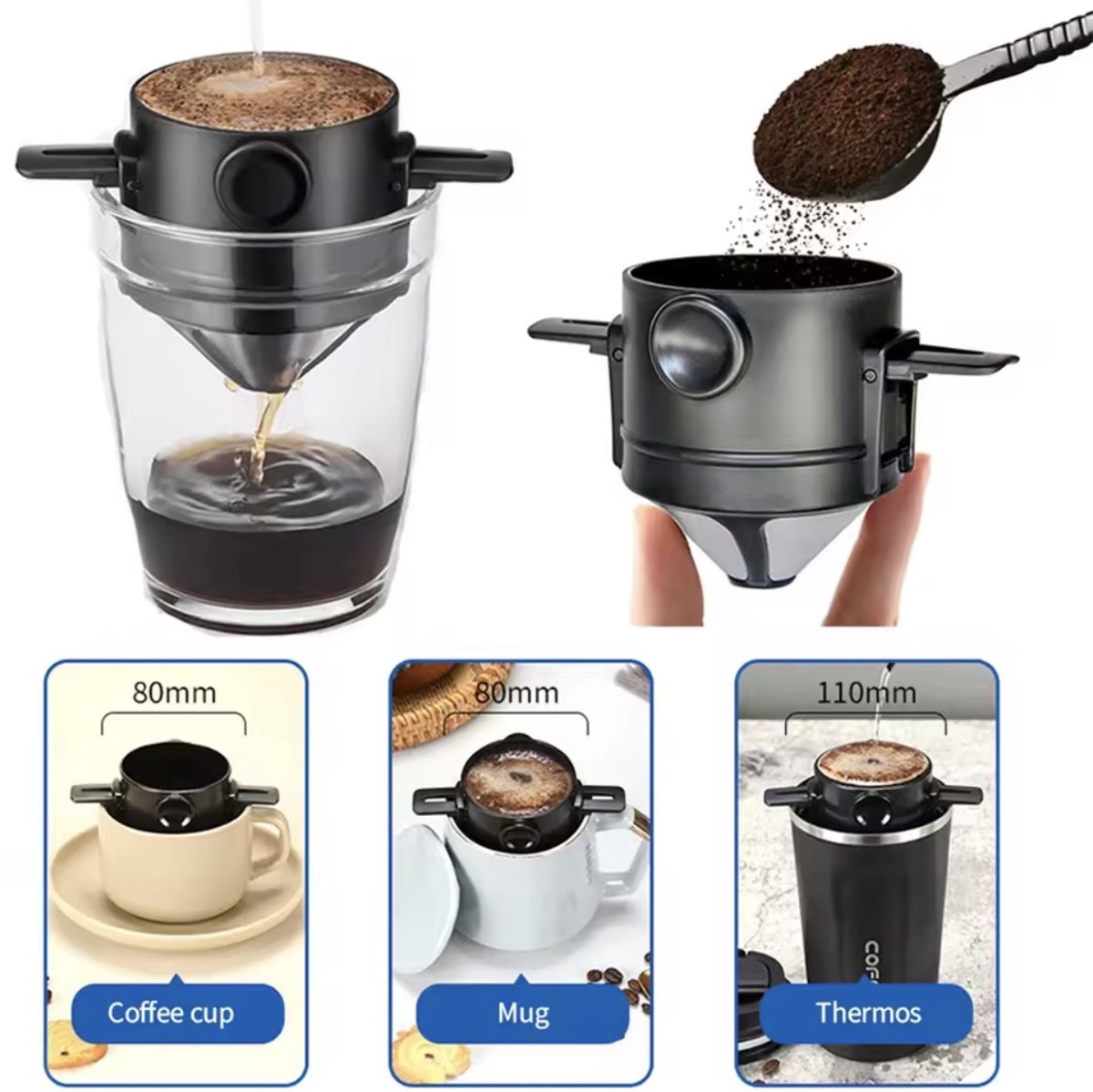 Koffiefilter | Koffiefilterhouder | Rvs Koffiefilter | Herbruikbaar | Koffie Dripper | Papierloos Giet Over Koffiedruppelaar | Geschikt Voor Handmatige Bereiding Van Permanente Koffie | Geschikt Voor Thuiskantoor, Reizen, Kamperen | Zwart — cadeau in Kookcadeaus - foto 4