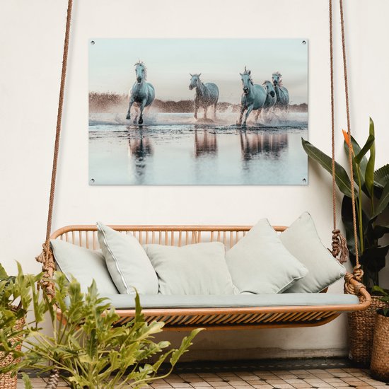 Tuinposter 120x80 cm - Tuindecoratie Wilde witte paarden galopperen door het water in Camargue - Poster voor in de tuin - Buiten decoratie - Schutting tuinschilderij - Tuindoek muurdecoratie - Wanddecoratie balkondoek