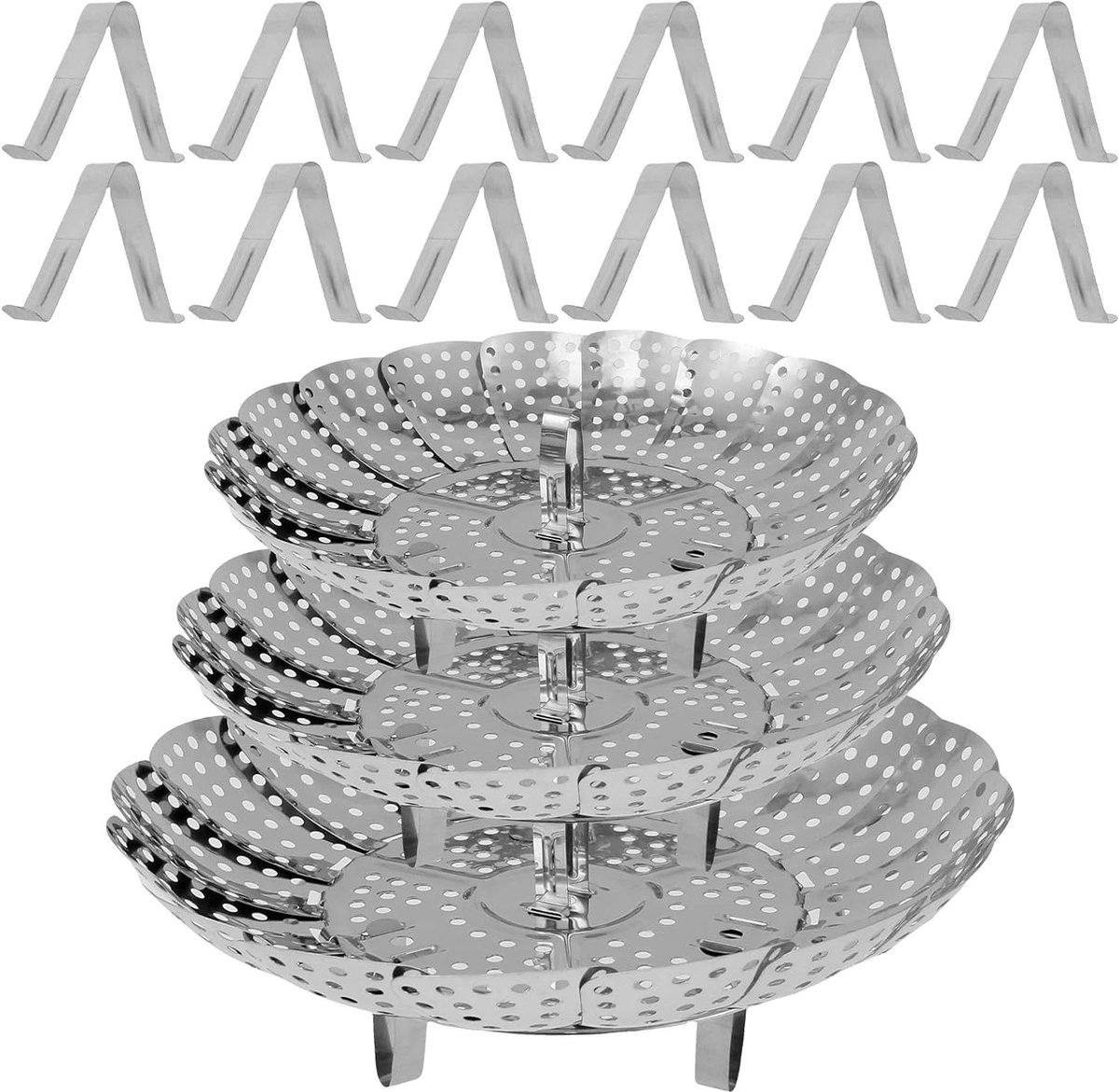 Stoommand Set Groente Stomer Gezond Koken Opvouwbaar RVS 3 Maten Zilver