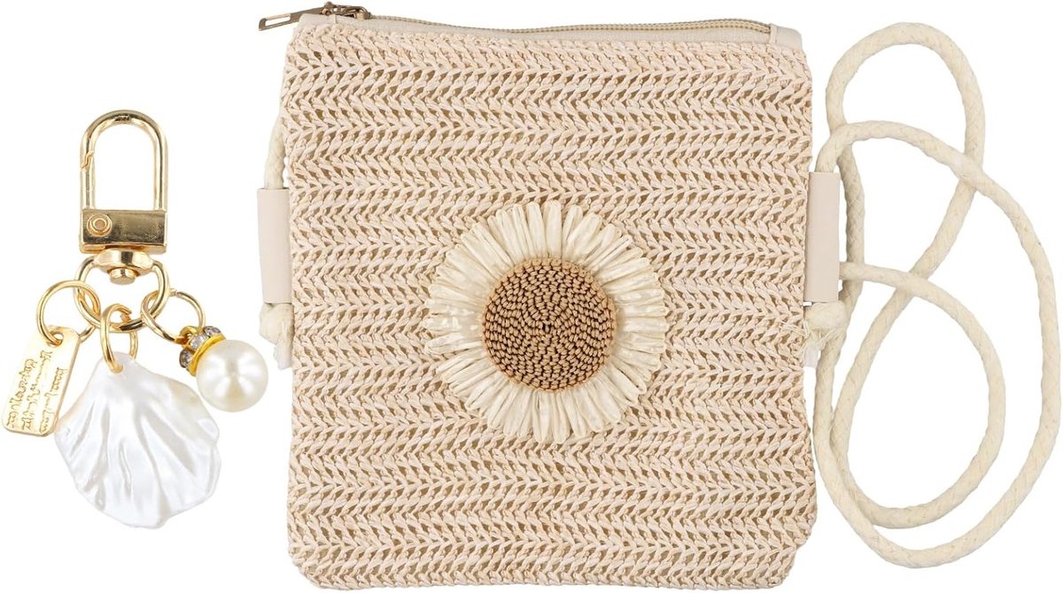 Bohemian Schoudertas van Gevlochten Stro voor Strand en Reizen - Kleine Haakhandtas met Sleutelhanger en Schelp - Perfecte Zomer Cadeau voor Vrouwen