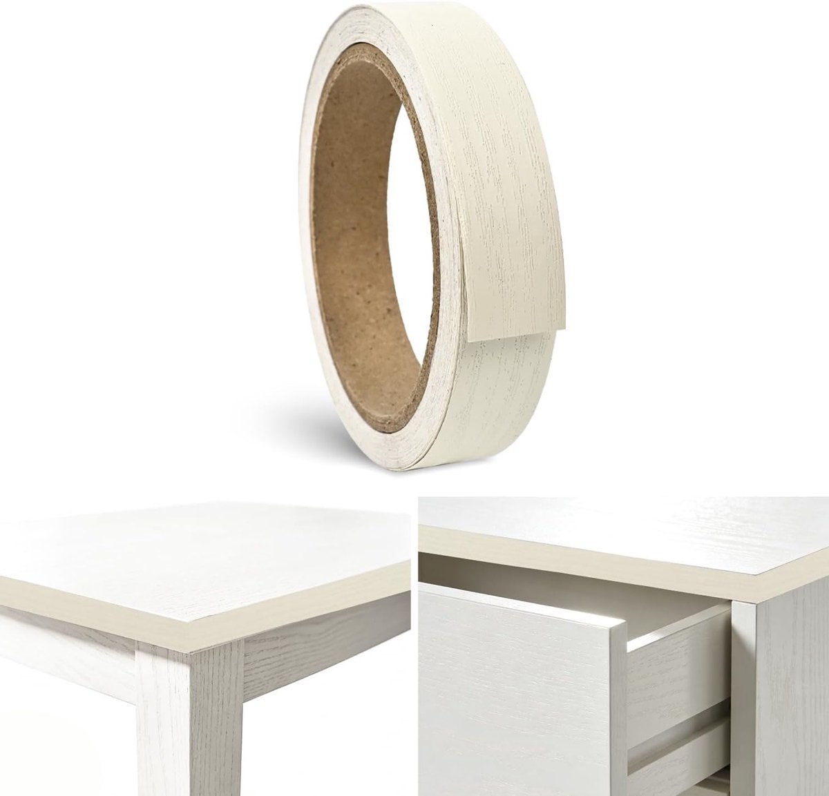 20mm Kantband Tape, 10m Houten Fineer Zelfklevende Reparatietape voor Meubels, Werkbladen en Kasten (Off-White)
