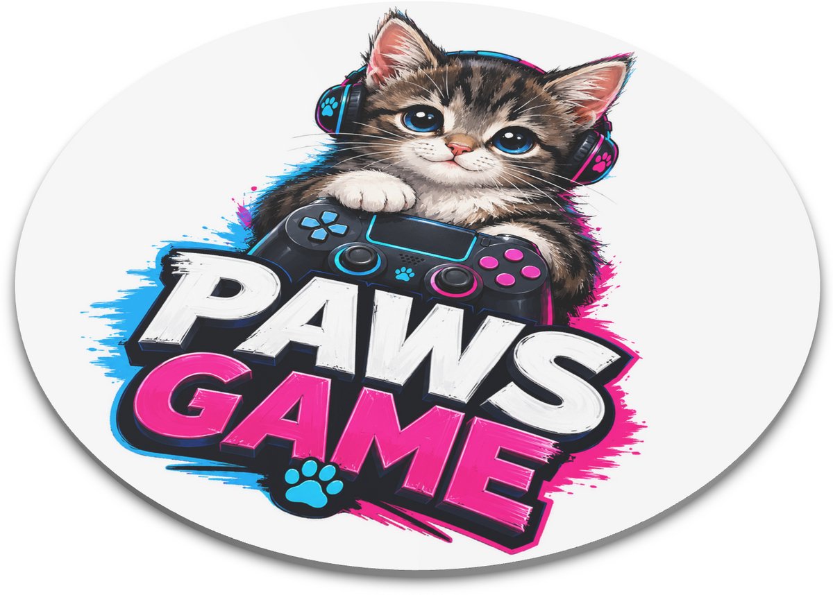 Ronde muismat met gamer kat en controller - Paws Game quote - Stoere neon illustratie met koptelefoon - Grappig cadeau voor gamende tiener of kattenliefhebber - Bureau accessoires en gaming hoek decoratie 22x22 cm