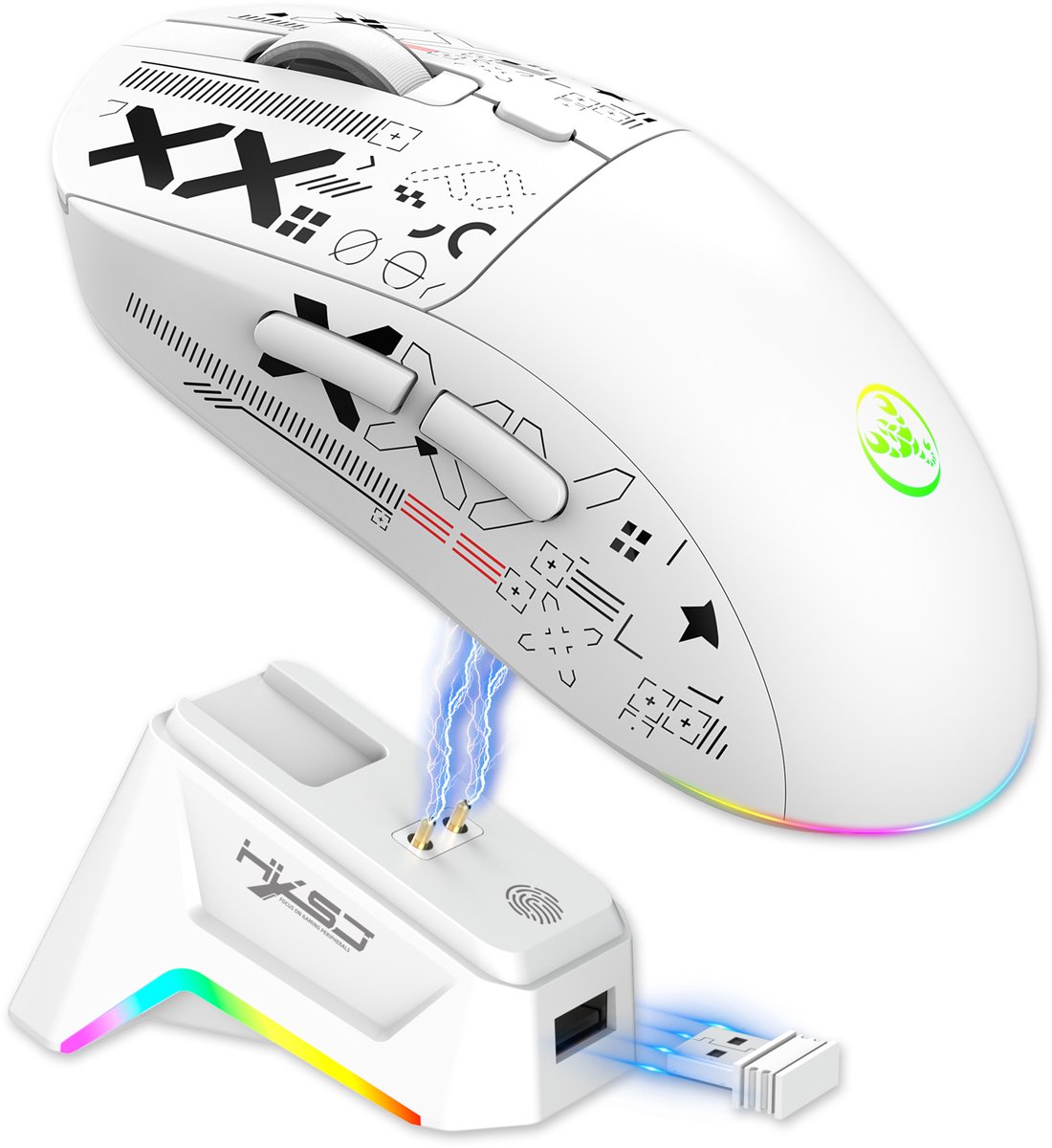 HXSJ T90 PRO Draadloze Gaming Muis – Silent Clicks – RGB – Bluetooth 5.3 & 2.4G & Bedraad – 12000 DPI – Programmeerbare Knoppen – Oplaadbaar met Dock – Wit