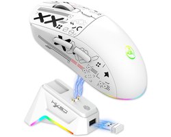 HXSJ T90 PRO Draadloze Gaming Muis – Silent Clicks – RGB – Bluetooth 5.3 & 2.4G & Bedraad – 12000 DPI – Programmeerbare Knoppen – Oplaadbaar met Dock – Wit