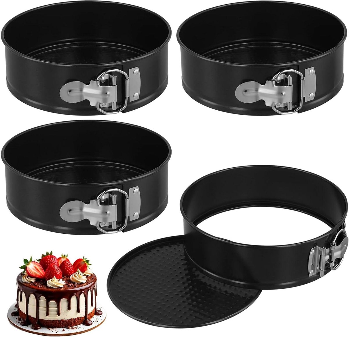 Springvorm Cake - Ronde Bakvorm - Taarten Bakken - Verwijderbare Bodem - 4 Stuks - Zwart