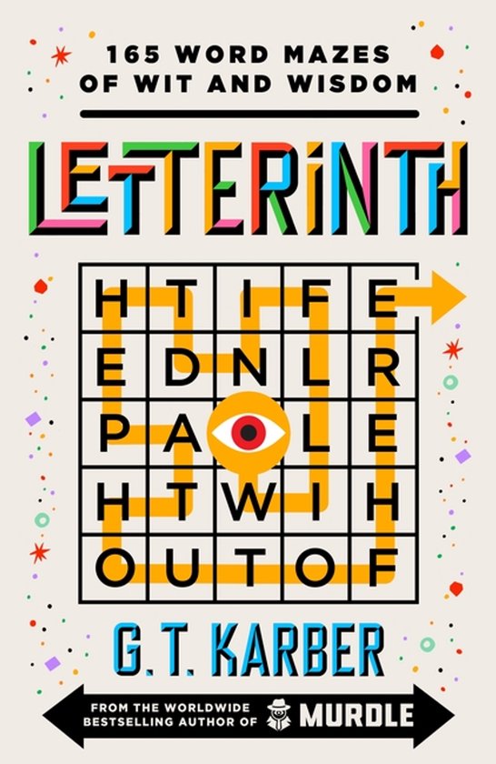 Boekcover met de titel 'LETTERINTH', 165 woordpuzzels van G.T. Karber. Bevat een raster met letters en een oranje pijl.