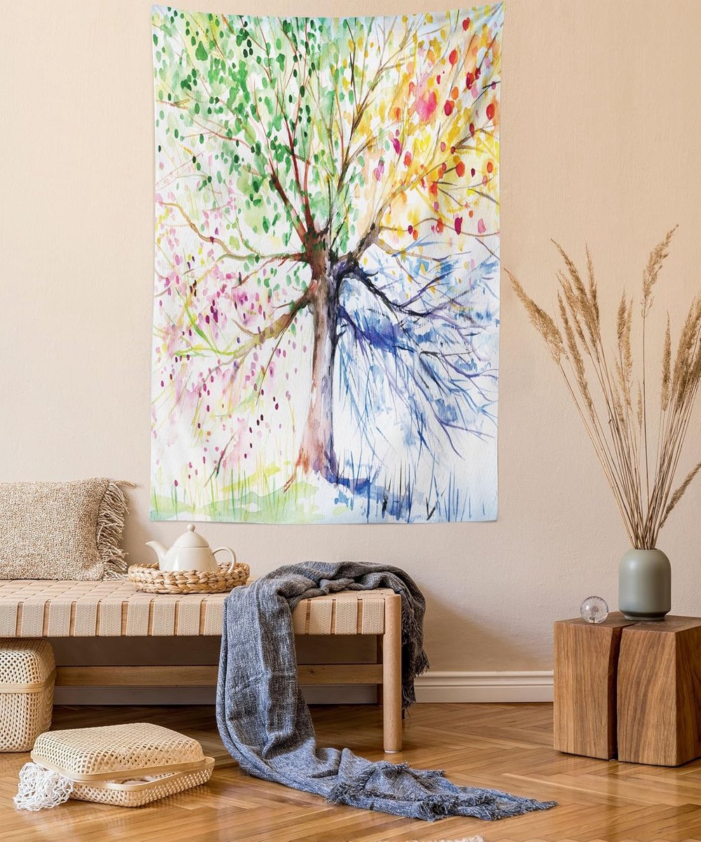 ABAKUHAUS Aquarel Tapijt, 4 Seizoenen Kleurrijk, Woonkamer Slaapkamer Wanddoek Zijdezacht Satijn Wandtapijt, 150 x 200 cm, Meerkleurig Groenbruin