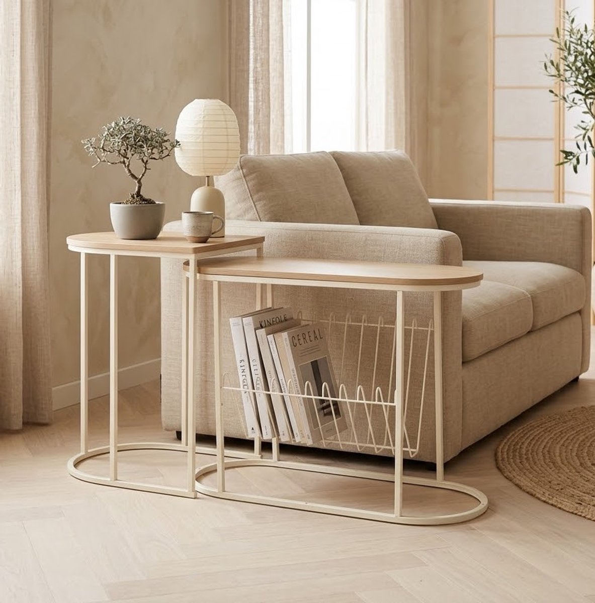 Bijzettafel Set van 2 – Japandi Nesting Salontafel Set – Ruimtebesparend met Tijdschriftenrek – Beige Houtlook & Zwart Metaal – Scandinavisch Design