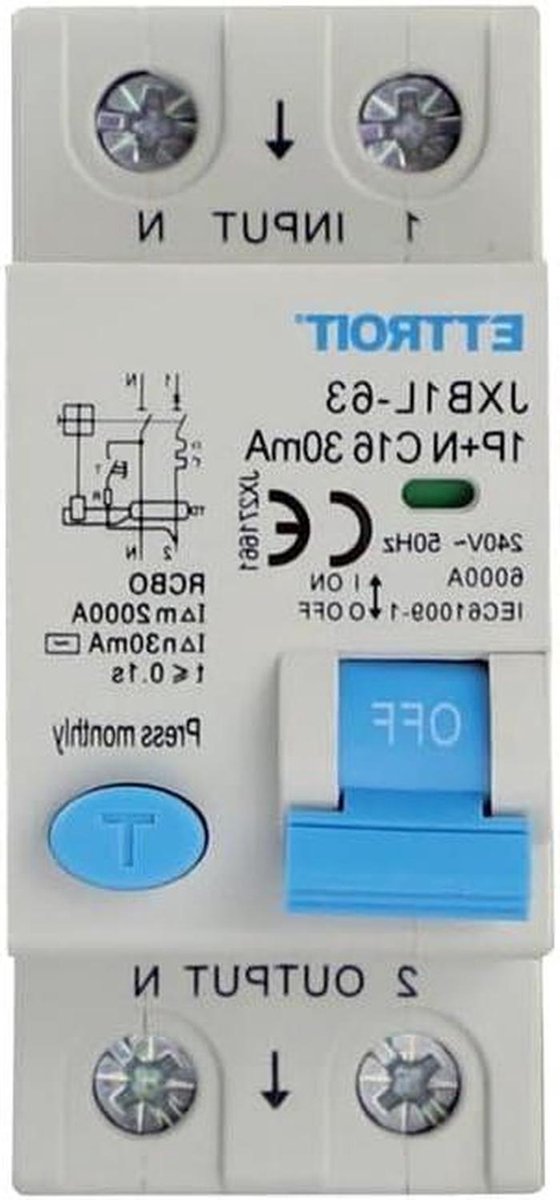 Aardlekschakelaar - Veiligheidsschakelaar - Elektrische veiligheid - 16A 30mA - 2 modules - Grijs