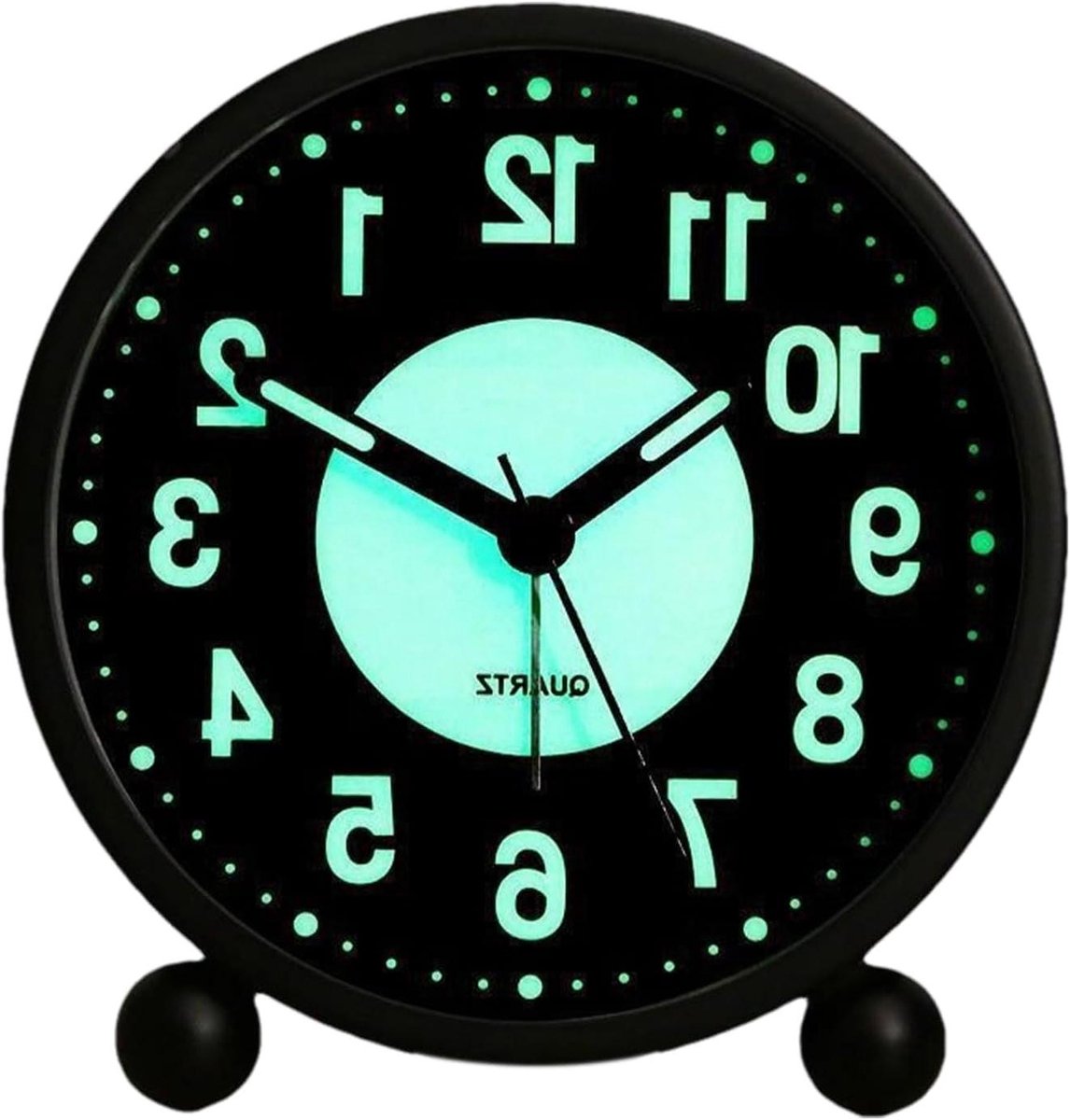 Ronde wekker - Analoge klok - Stil wakker worden - Zacht nachtlampje - 11x11x4cm - Zwart
