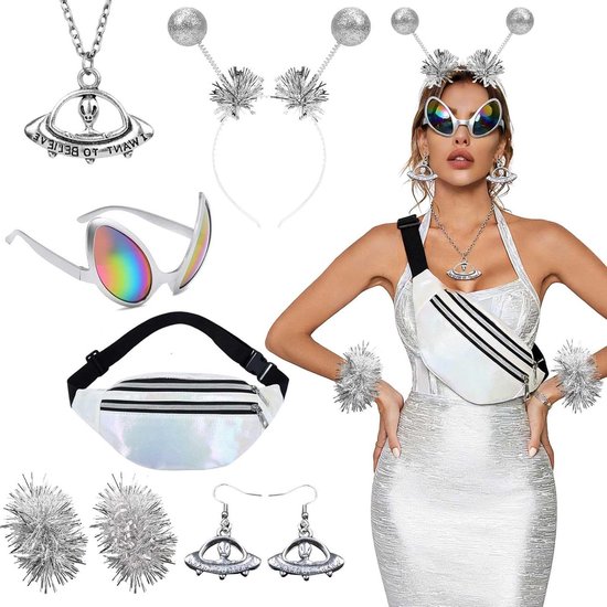 Buitenaards Kostuum - Alien Outfit - Feestelijke Gelegenheden - 8-Delige Set - Uniseks - Zilver