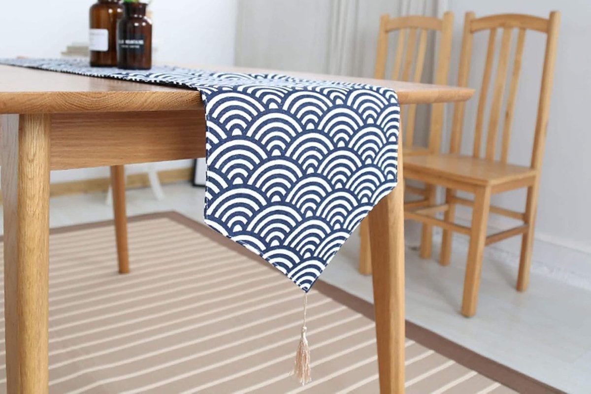 Tafel Runner - Decoratieve Loper - Tafel Decoratie - Katoen Linnen Mix - 30x220 cm - Blauw Wit