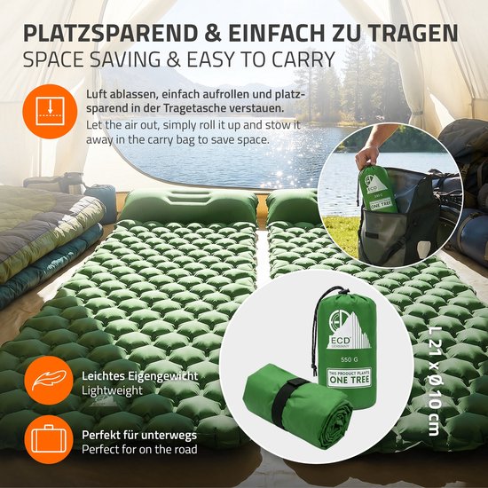 Campingmat, opblaasbare campingmat, groen, outdoor luchtmatras met geïntegreerd kussen, ultralicht, compact & opvouwbaar — afbeelding 3