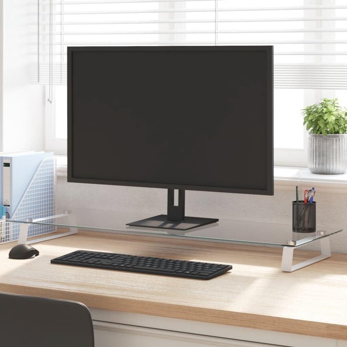 Monitor standaard - Bureau verhoger - Bureau organiseren - Gehard glas - 100 x 35 cm - Wit