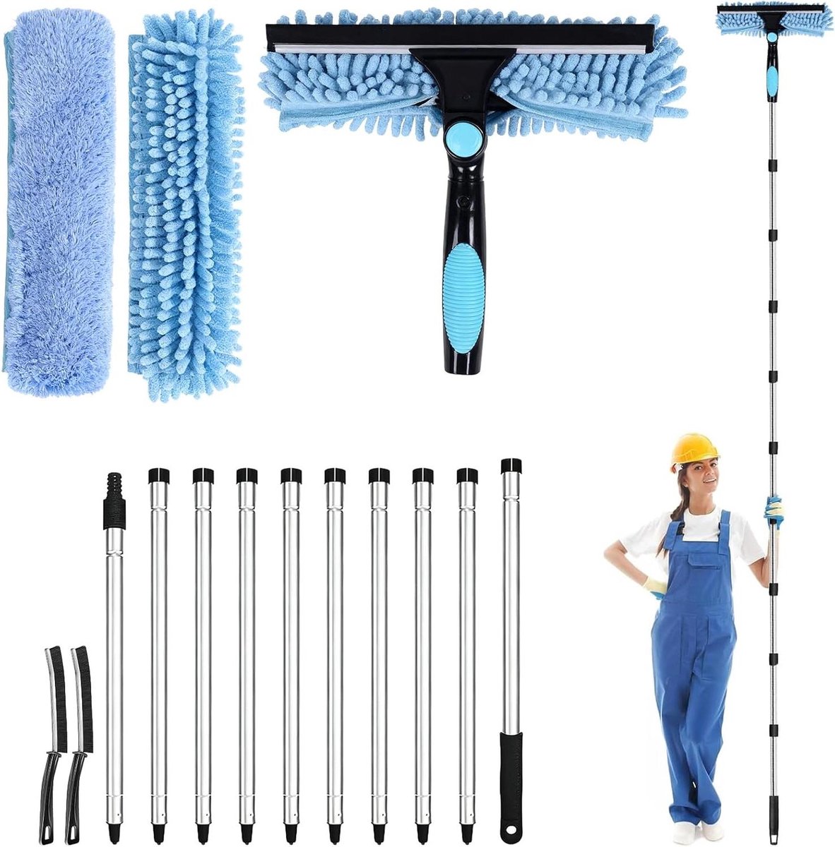 Raamreinigingsset - Telescoopstang - Hoge Ramen Wassen - 2-in-1 Spleetborstel - 385 Meter - Blauw