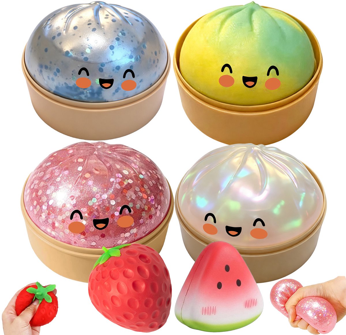 Dumpling squishy stressballen Aardbeien watermeloen 4 Stuks - Glitter Dumpling stress fidget - Sensorische stressbal knijpspeelgoed - Stressverlichtende cadeaus voor kinderen en volwassenen