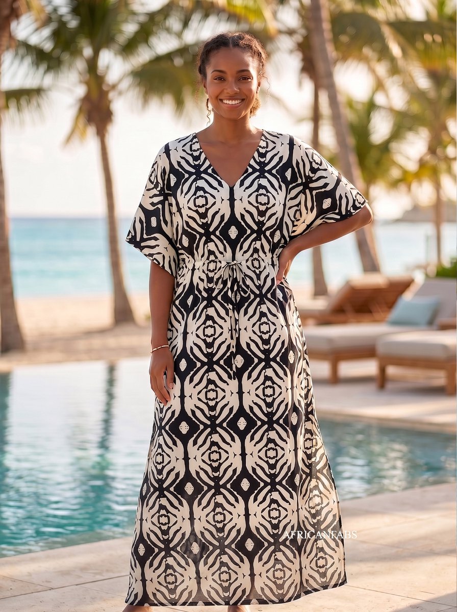 Boho rayon kaftan jurk met tailleband - Zwart Crème Nomad Echo - Strand Cover Up Caftan Maxi Jurk