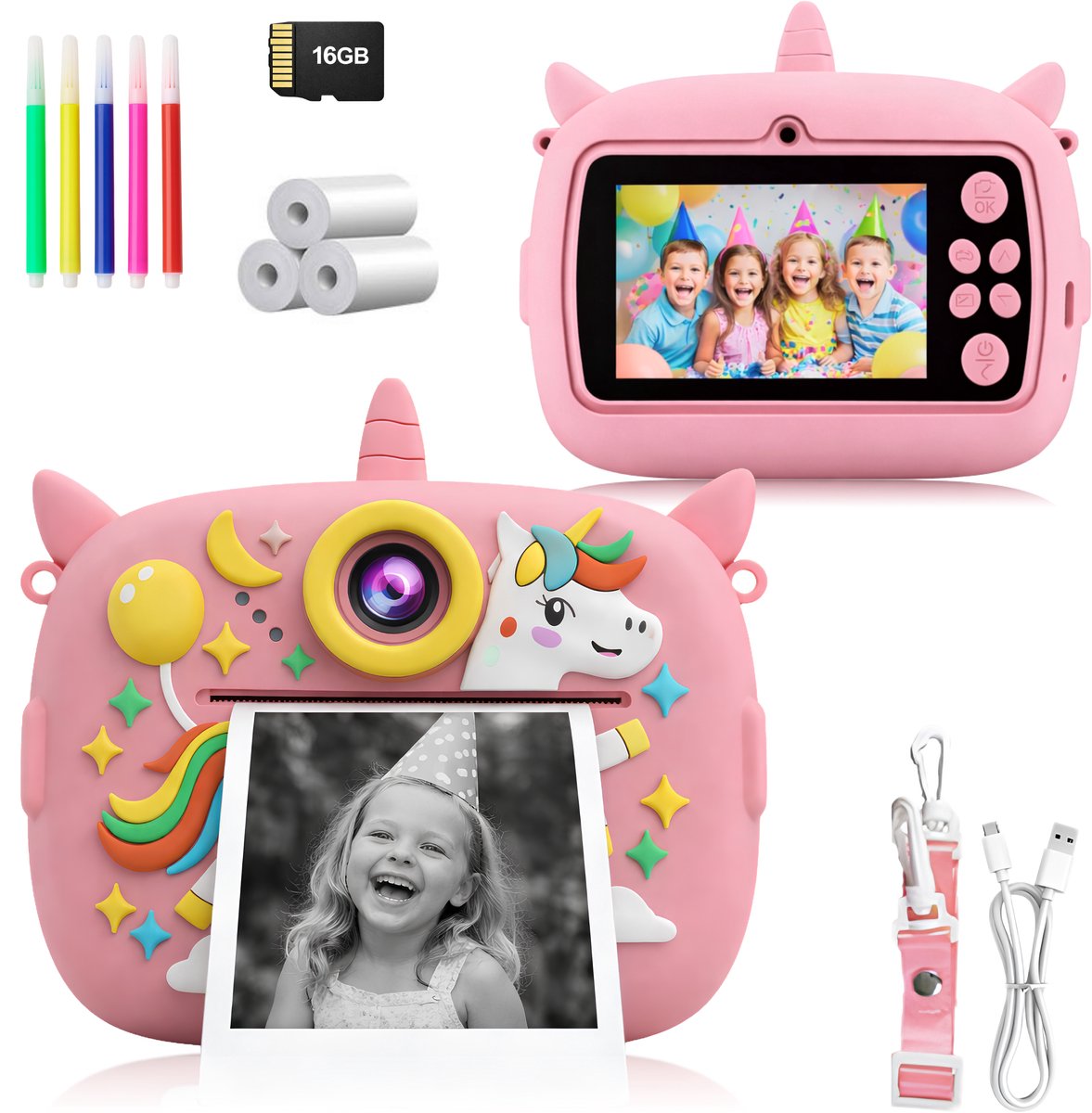 Peblo Digitale Kindercamera Met Foto Printer - Fototoestel Voor Kinderen - Speelgoedcamera - Selfie Camera - Kinder Fotocamera Instant Print- Speelgoed Video Camera Kind - Vlogcamera Kids - SD Kaart 16GB - Unicorn Roze — afbeelding 1
