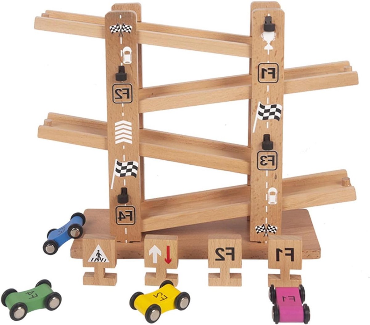 Houten Racebaan - Autobaan Spel - Motorische Ontwikkeling - Meerlaagse Interactieve Track - 24 x 24 x 5 cm