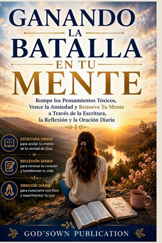Boekomslag met een vrouw die bij zonsondergang op een rots leest; titel: Ganando La Batalla En Tu Mente.