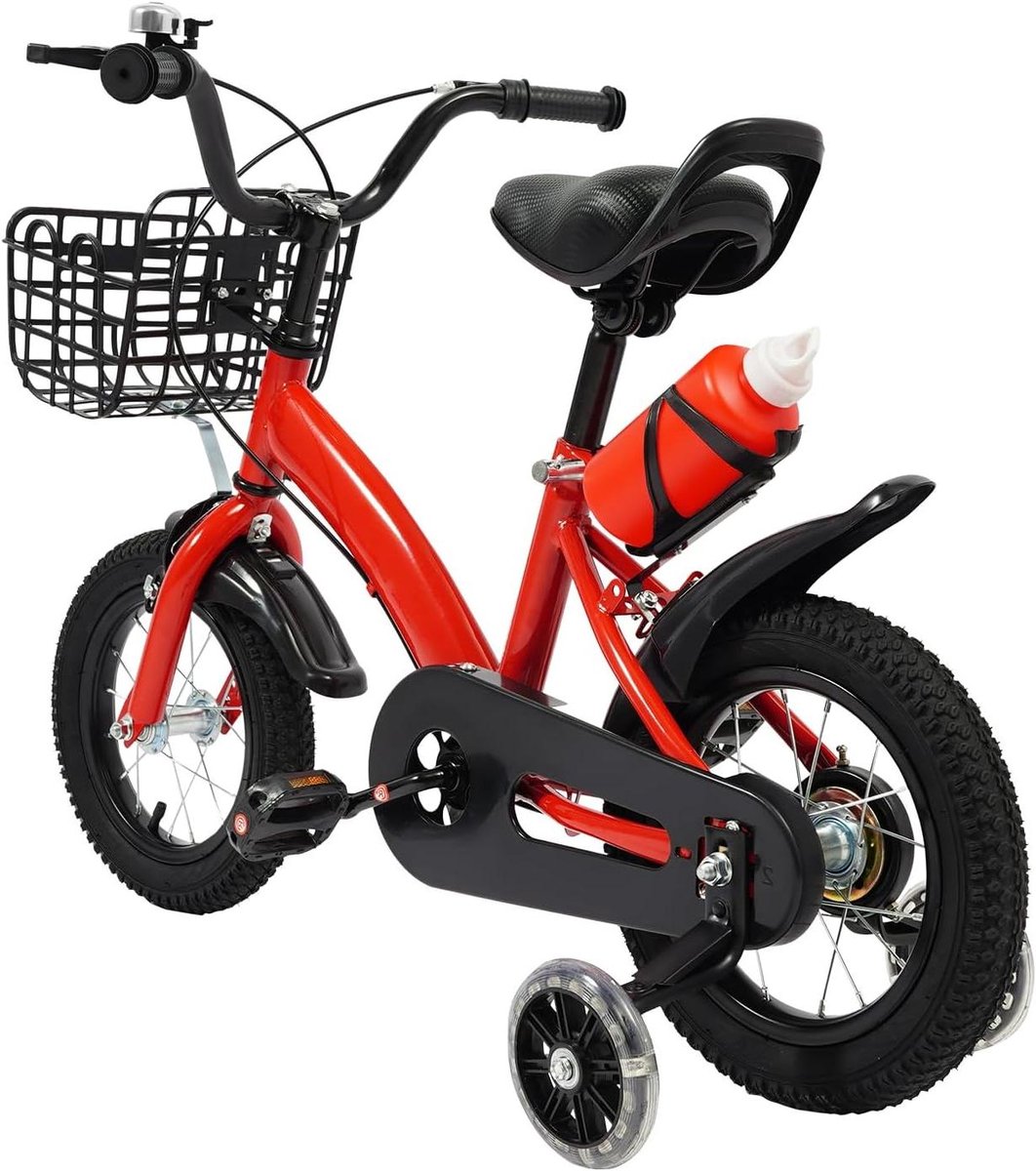 Kinderfiets - Loopfiets met wielen - Eerste fietservaring - Inclusief mand fles - 12 inch - Rood