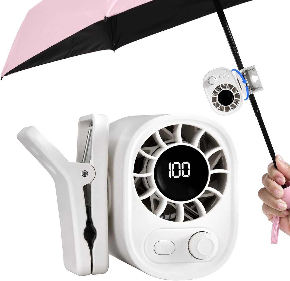 Draagbare parapluventilator met clip, ultralicht met een gewicht van slechts 0,28 lbs (ca. 137 gram), 100 snelheidsstanden met traploze aanpassing, oplaadbare persoonlijke parapluventilator met clip, een must-have voor strand en outdoorreizen (wit).
