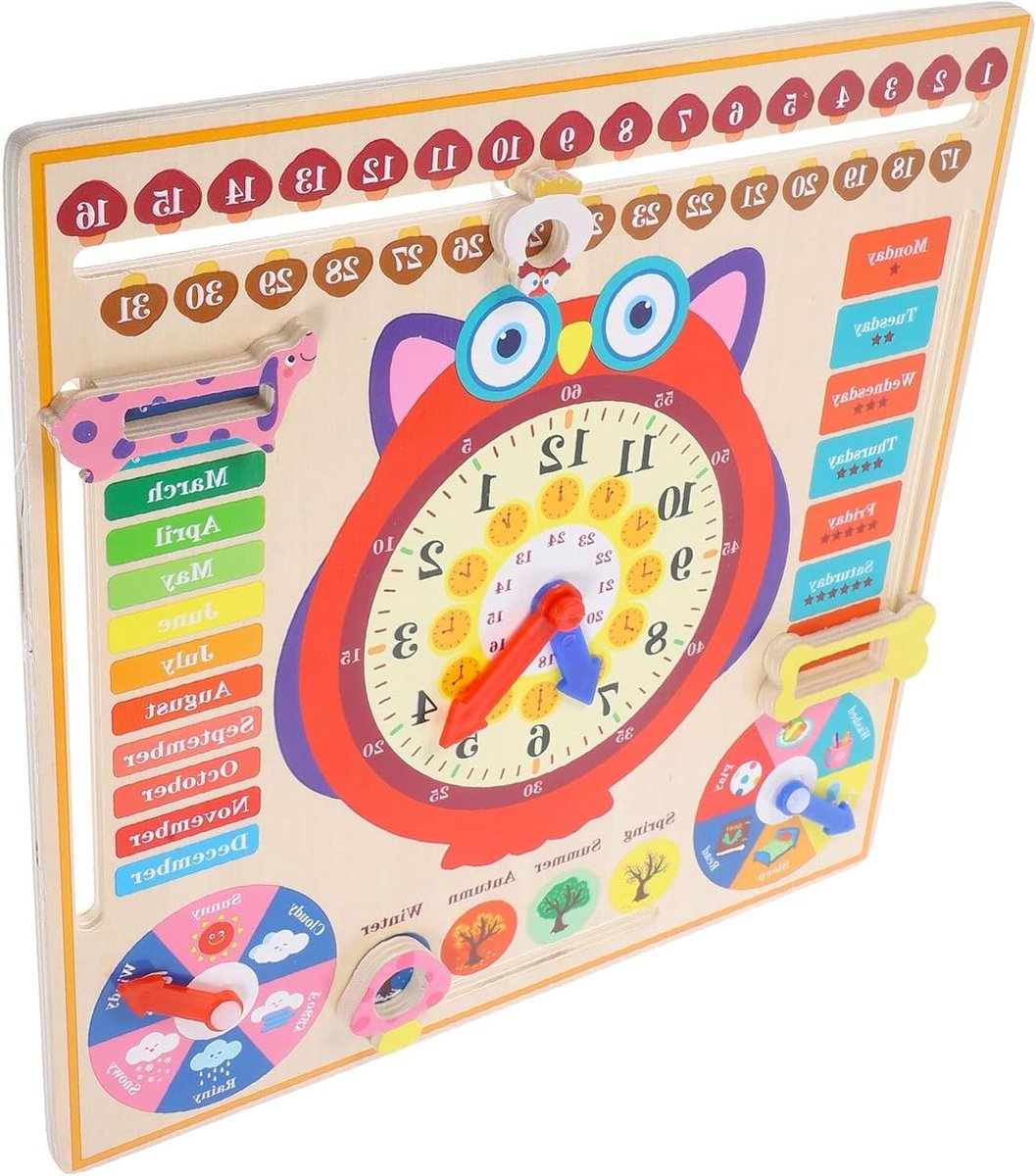 Houten Uil Klok - Educatief Speelgoed - Tijd Leren - Kalender Seizoenen - 30x30CM - Multicolor