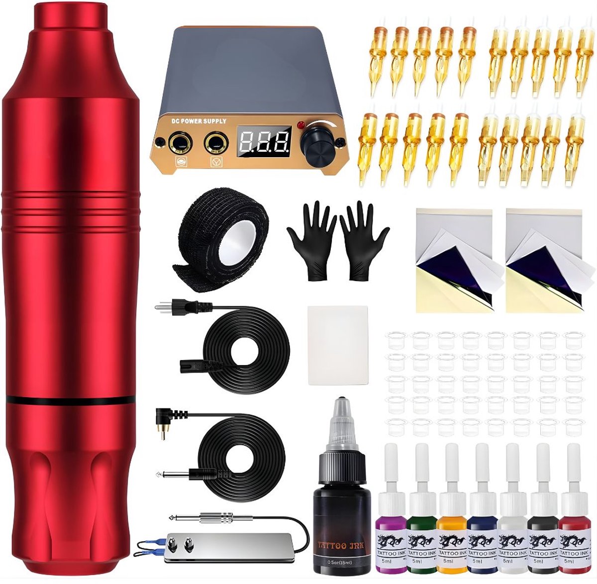 KAD® Tattoo Machines - Tattoo Set voor Beginners & Professionals - Professionele Tattoo Machine Pen Kit - Rood - 20cm x 17cm x 11cm
