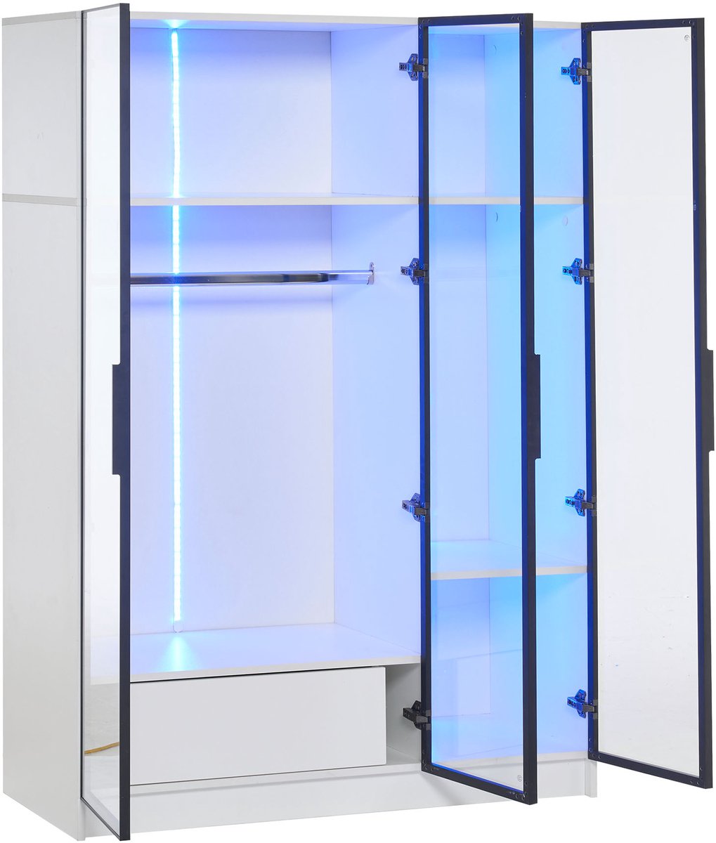 Zubaliya Kledingkast - 110x50x160 cm wit - 3 glazen deuren & 1 la - LED-verlichting - soft-close scharnieren