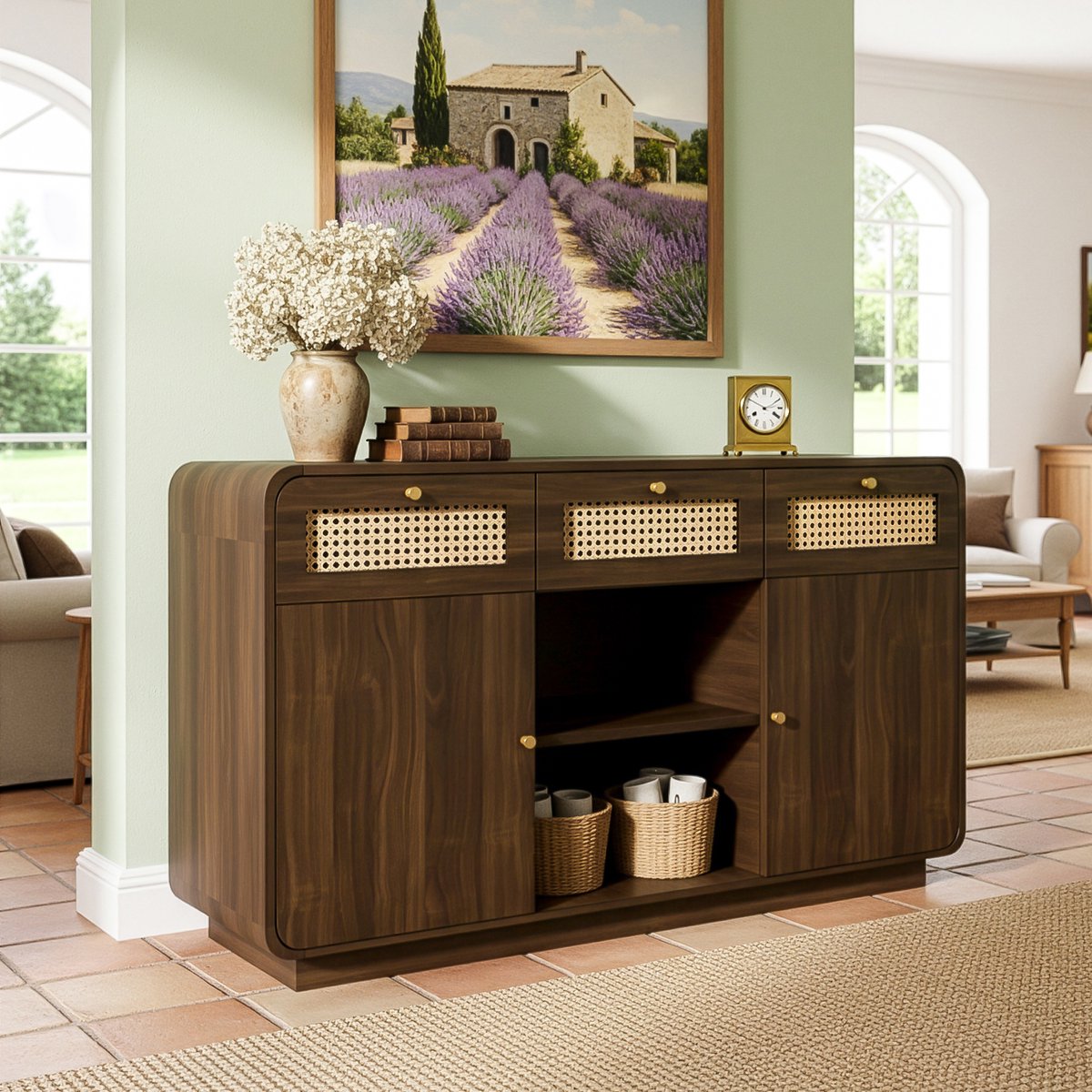Sideboard - 120x40x85 cm walnoot - 3 laden & 2 kasten met rattan - gouden handgrepen & verstelbare planken
