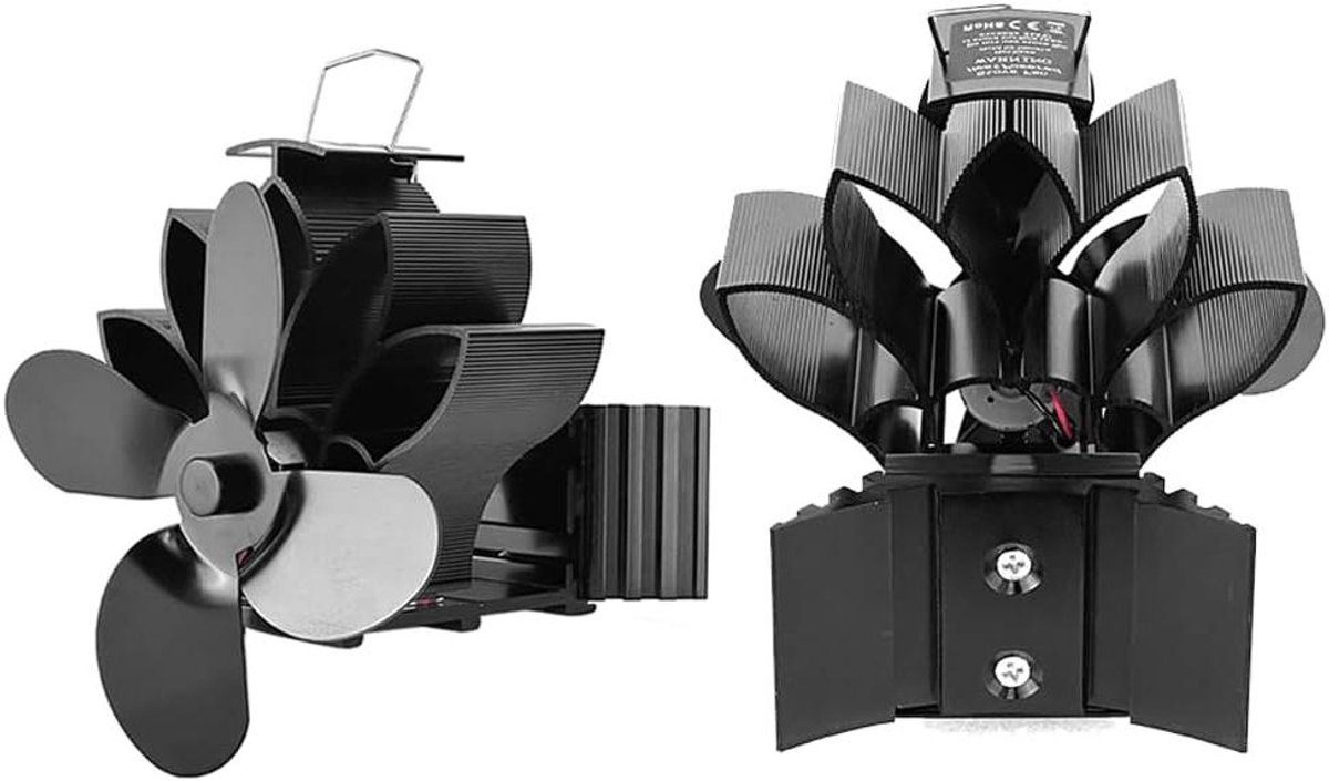 Houtkachel Ventilator - Haard Ventilator - Warmte Verdelen - 4-Bladig Aluminium - 21x20x19 cm - Zwart