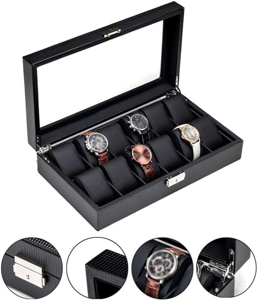 Horloge Display Box - Sieraden Opberger - Sieraden Organiseren - Glazen Deksel - 12 Vakken - Koolstofvezel