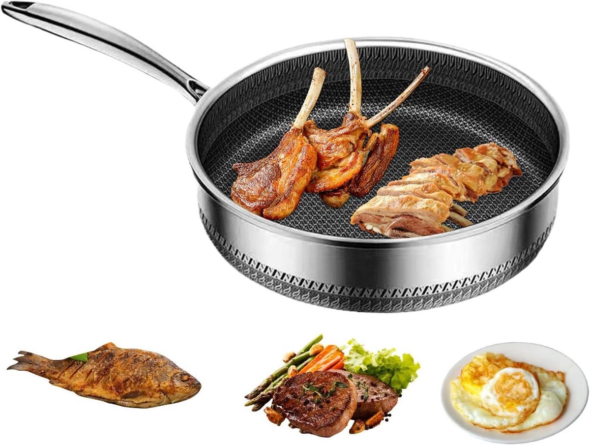 Roestvrij stalen wok - Koekenpan RVS - Koken en bakken - Meerlaagse constructie - 30 cm - Zilver