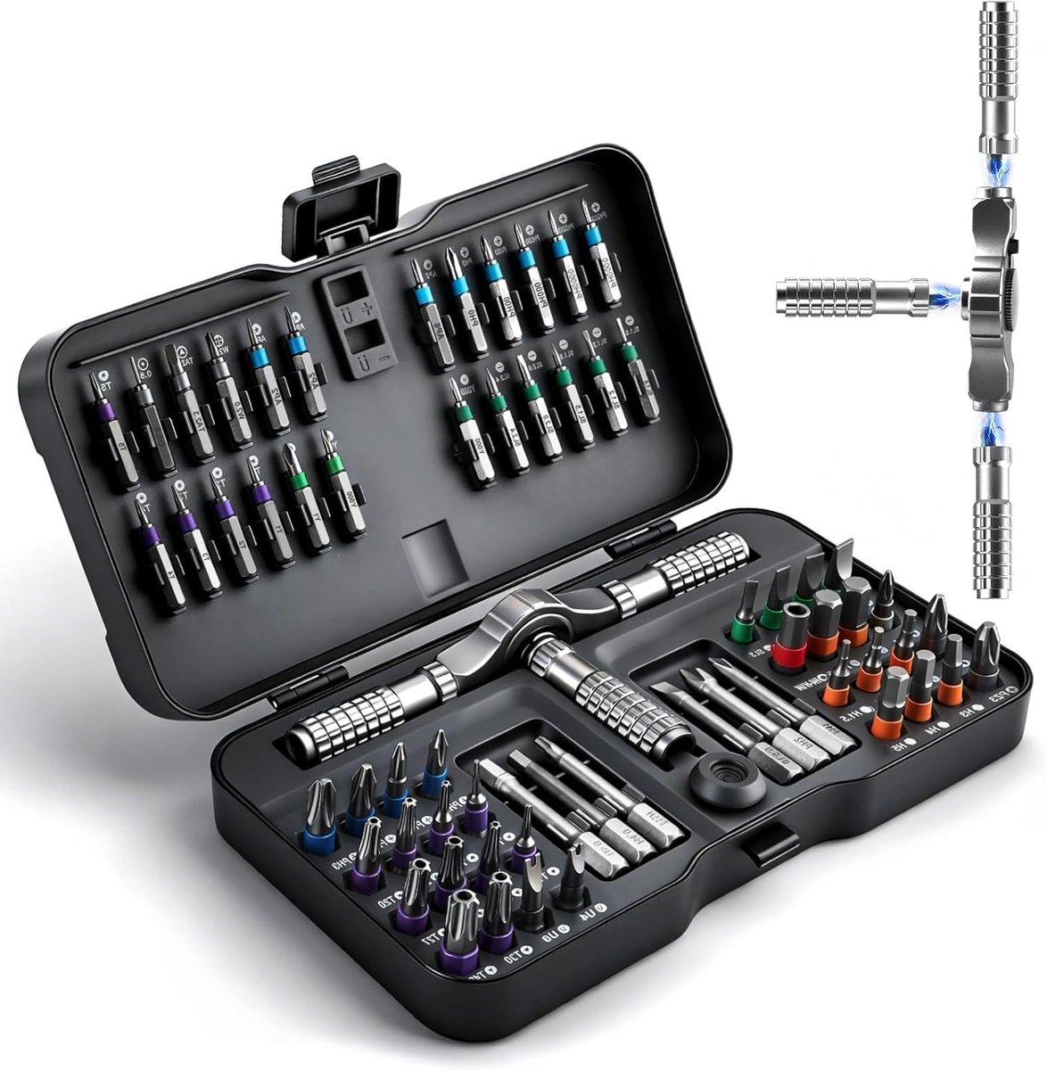 Complete Ratchet Schroevendraaier Set met 66 in 1 Magnetische Bits, Geschikt voor Meubels en Precisie-instrumenten, Inclusief Verwijderbare T-Handgreep en 58 Tanden Ratchet