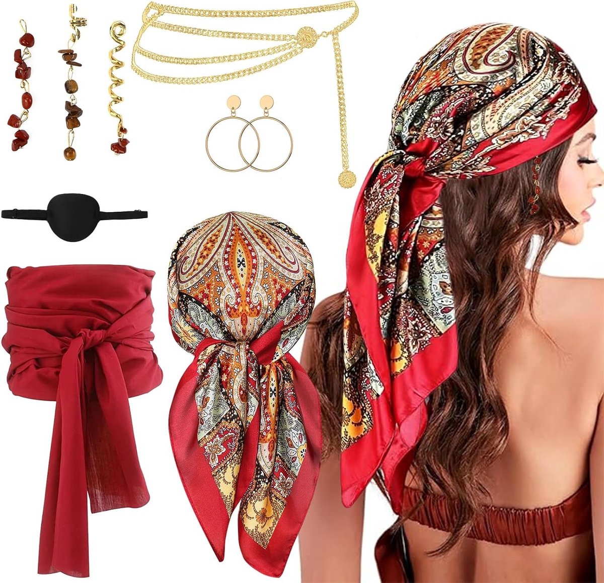 Piratenkostuum voor Dames met Hoofddoek, Sjerp en Tailleketting voor Carnaval en Halloween